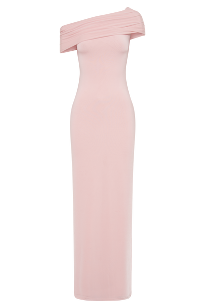 ROF Cassandra Düşük Omuzlu Dar Maxi Elbise - Soluk Pembe