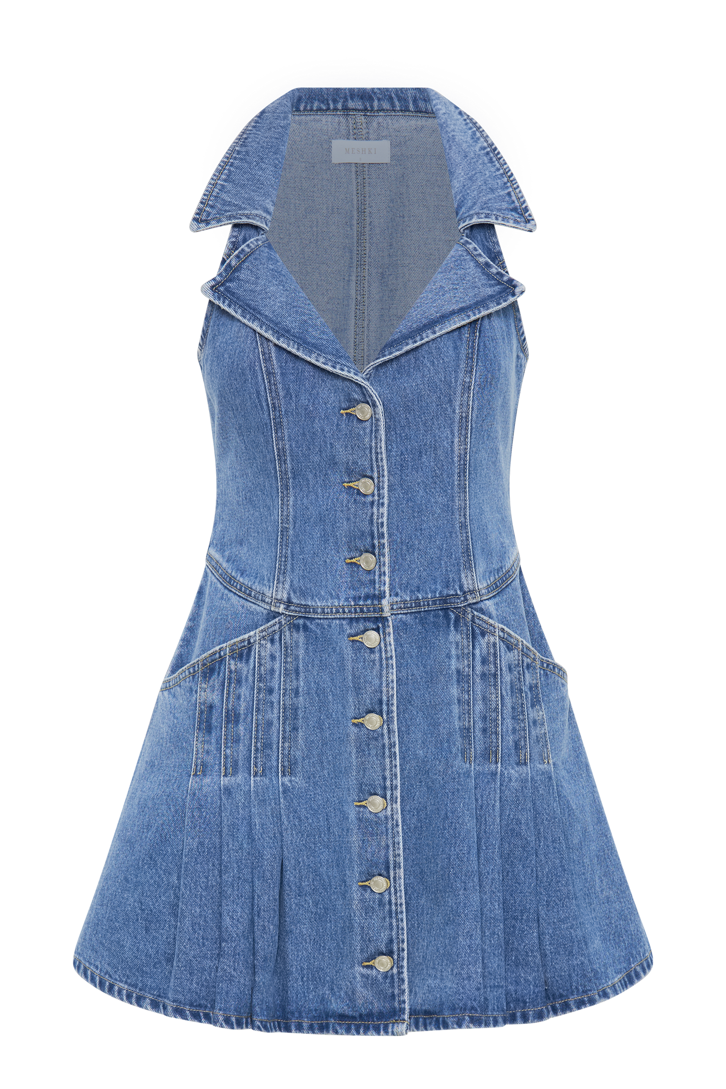 ROF Porter Yakalı Denim Mini Elbise - 70'Ler Mavi