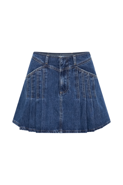 ROF Heather Denim Piliseli Mini Etek - Lacivert