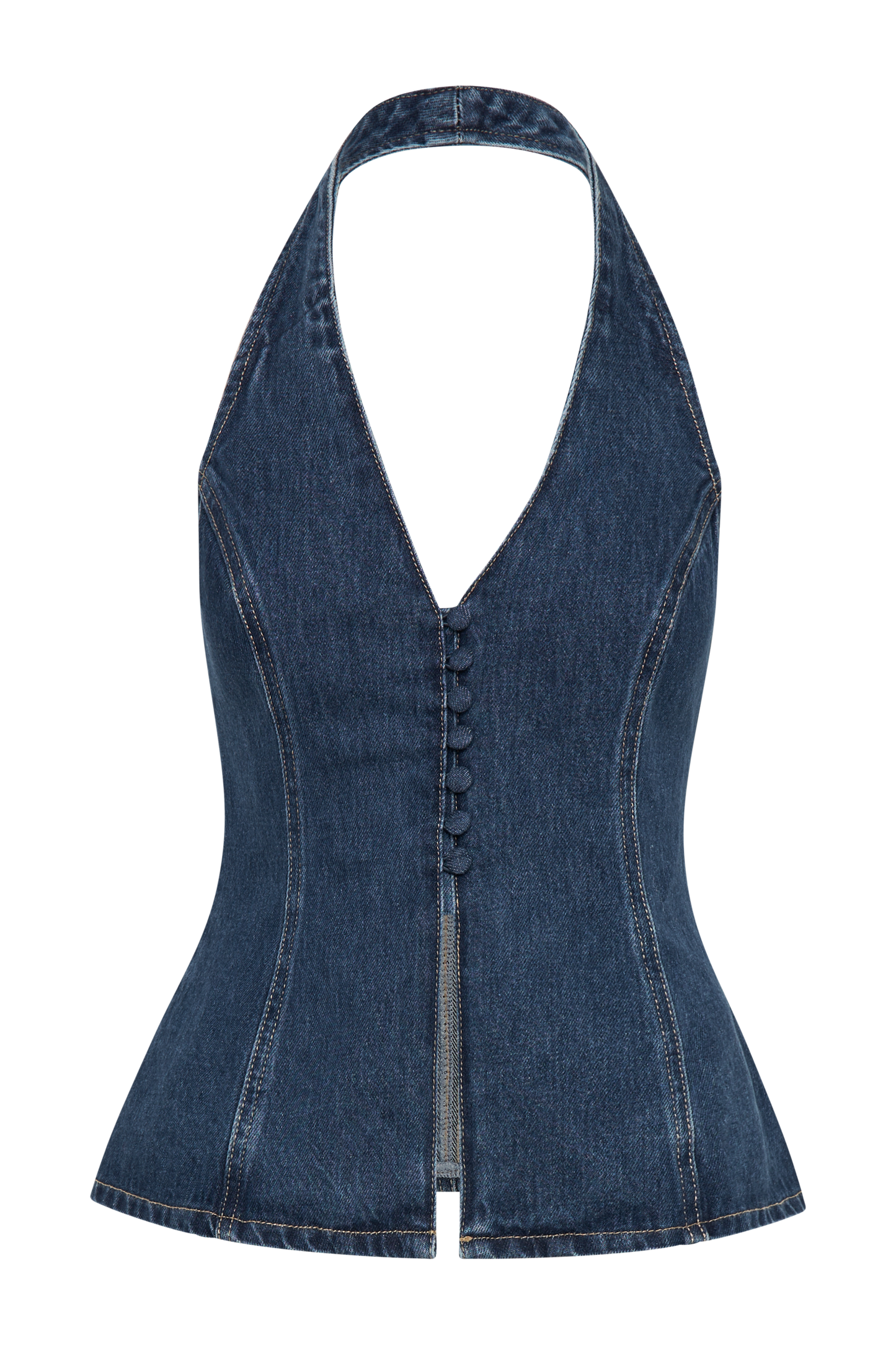 ROF Hindistan Önden Düğmeli Boyundan Bağlamalı Denim Uzun Üst - Koyu Mavi
