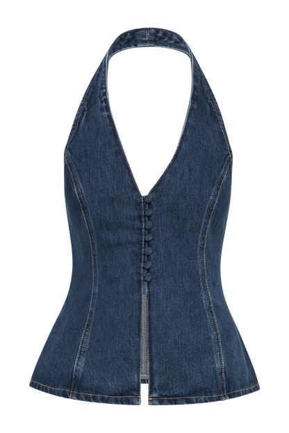 ROF Hindistan Önden Düğmeli Boyundan Bağlamalı Denim Uzun Üst - Koyu Mavi