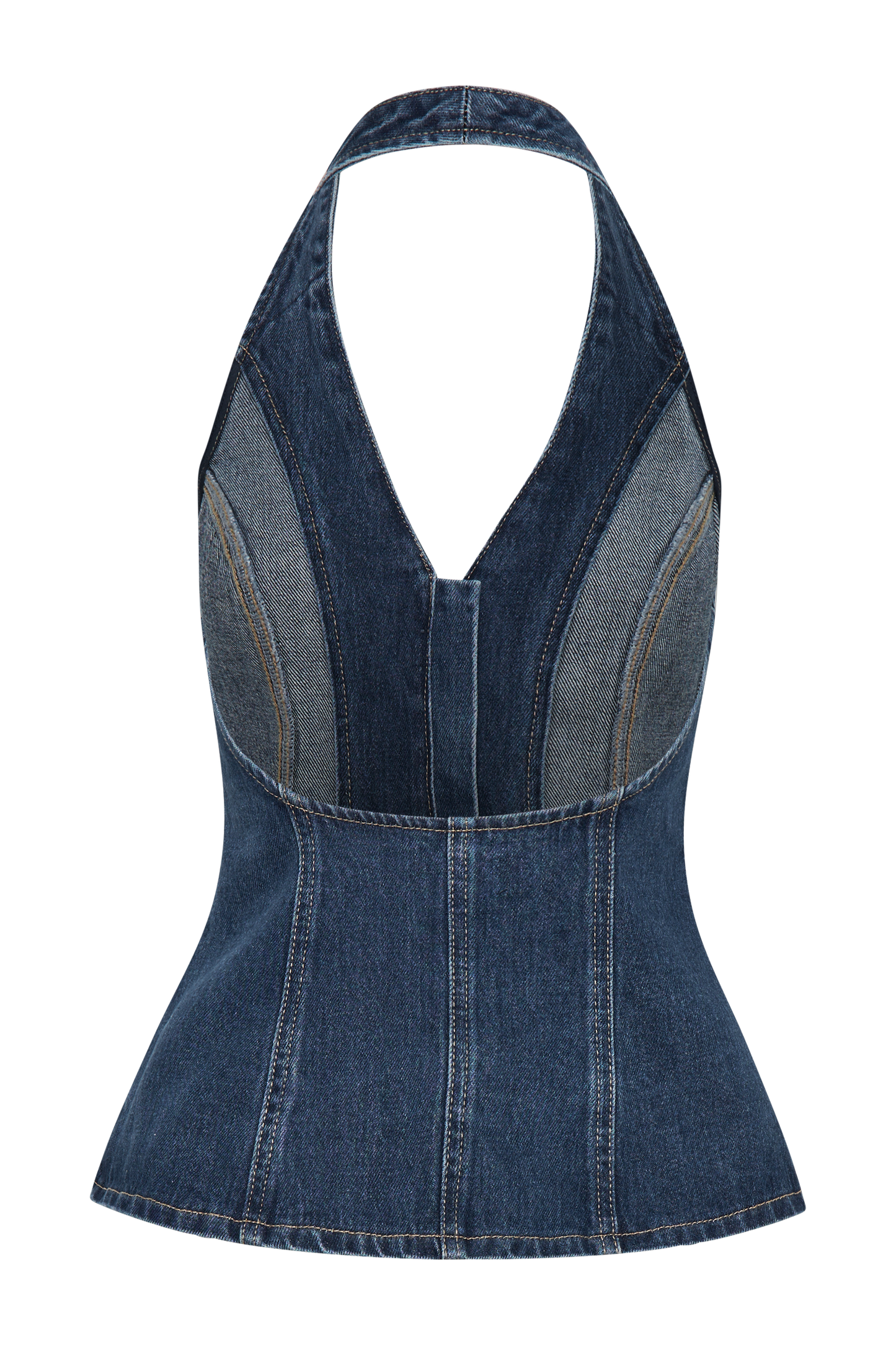 ROF Hindistan Önden Düğmeli Boyundan Bağlamalı Denim Uzun Üst - Koyu Mavi