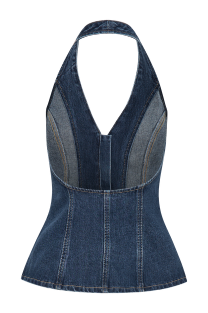 ROF Hindistan Önden Düğmeli Boyundan Bağlamalı Denim Uzun Üst - Koyu Mavi