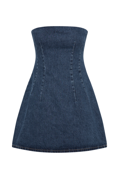 ROF Cecily Straplez Denim Mini Elbise - Koyu Mavi