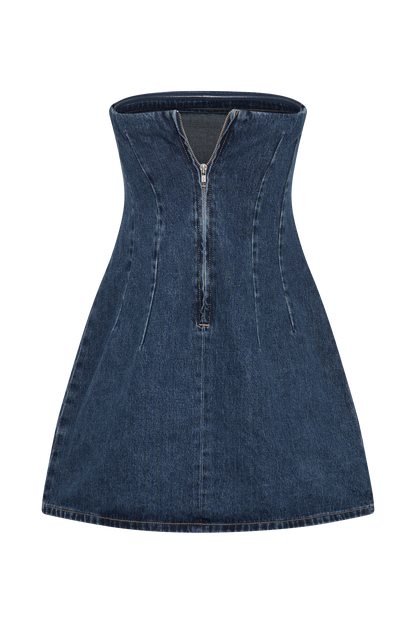 ROF Cecily Straplez Denim Mini Elbise - Koyu Mavi