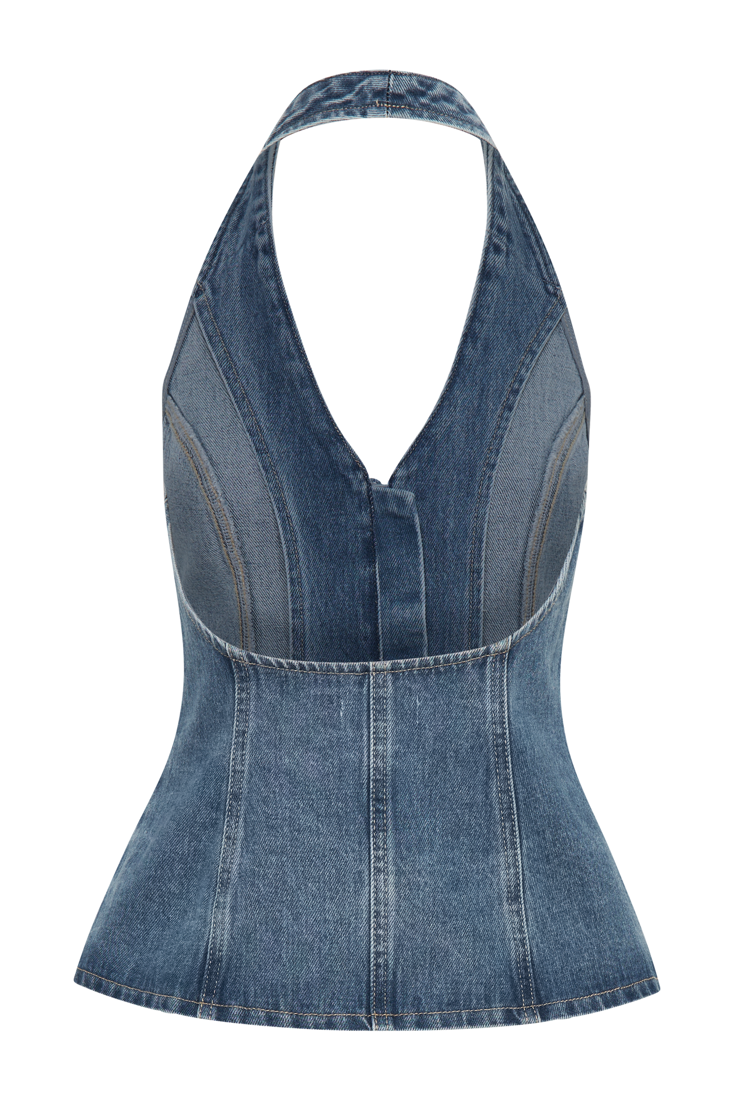 ROF Hindistan Önden Düğmeli Boyundan Bağlamalı Denim Uzun Üst - Yıkanmış Orta Mavi