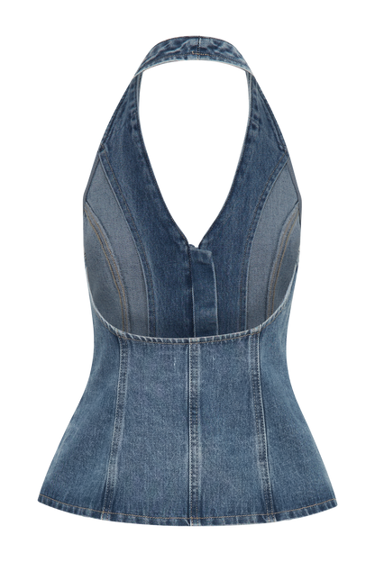 ROF Hindistan Önden Düğmeli Boyundan Bağlamalı Denim Uzun Üst - Yıkanmış Orta Mavi