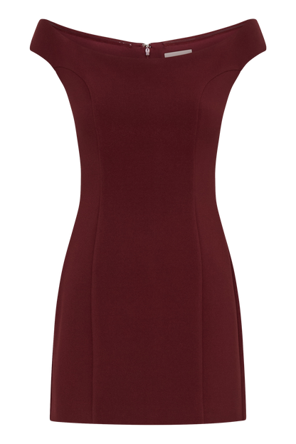 ROF Cassidy Krep Düşük Omuz Mini Elbise - Merlot