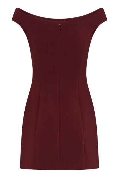 ROF Cassidy Krep Düşük Omuz Mini Elbise - Merlot