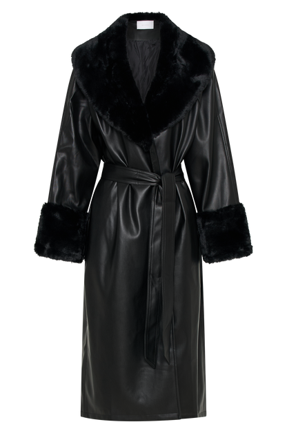 ROF Rebekah Oversize Kürklü Pu Trençkot - Siyah