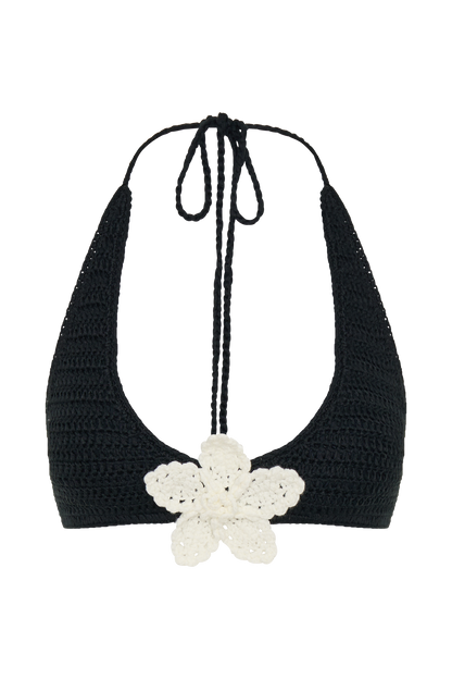 ROF Rhiannon Çiçekli Tığ İşi Halter Bikini Üstü - Siyah Beyaz