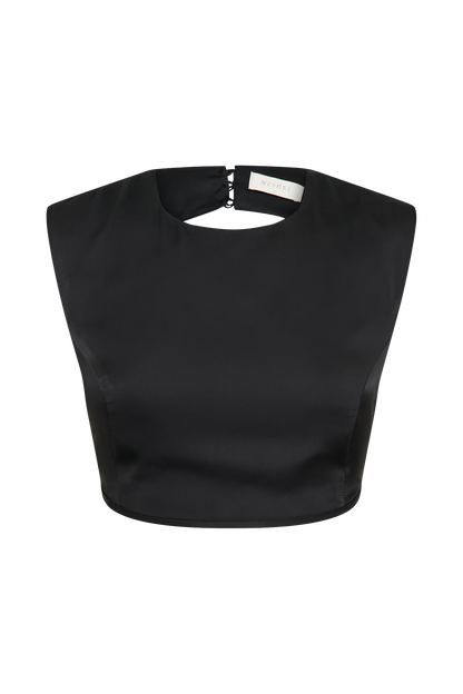 ROF Viviana Saten Kolsuz Crop Top - Siyah