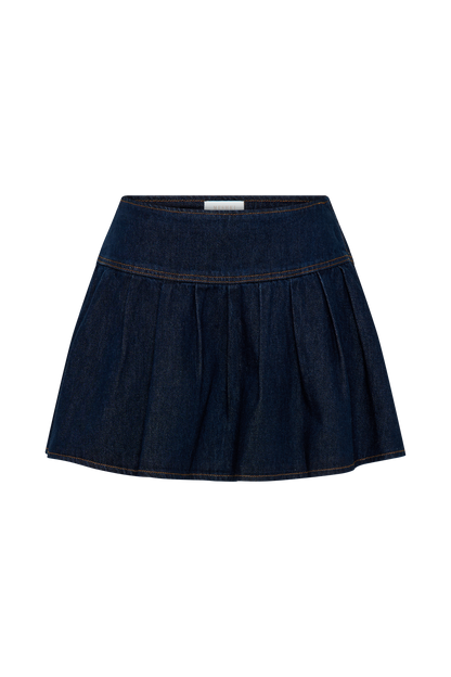 ROF Candice Pileli Denim Mini Etek - İndigo Mavi
