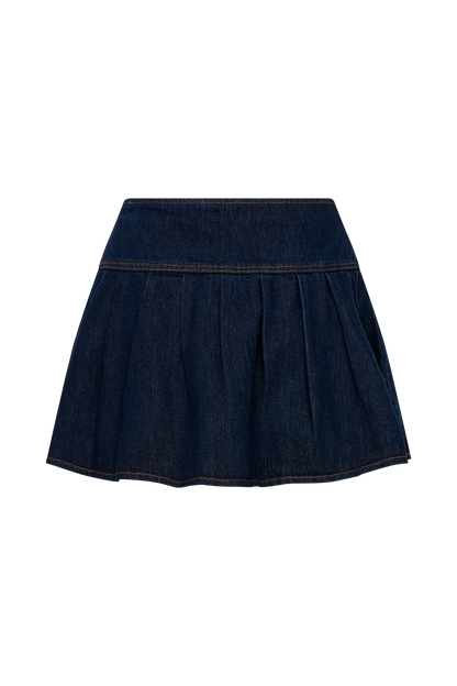 ROF Candice Pileli Denim Mini Etek - İndigo Mavi