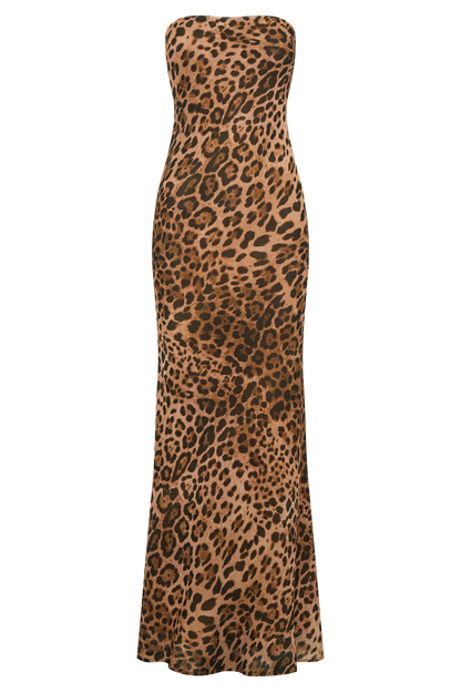 ROF Breanna Straplez Şifon Maxi Elbise - Leopar Desenli