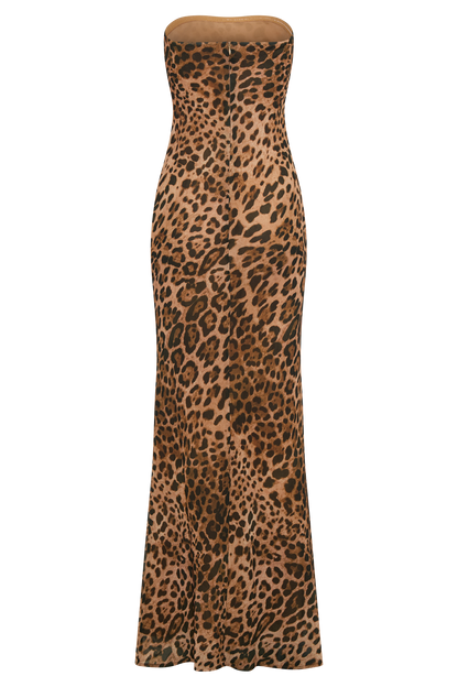 ROF Breanna Straplez Şifon Maxi Elbise - Leopar Desenli