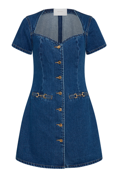 ROF Monica Sweetheart Denim Mini Elbise - Koyu Mavi