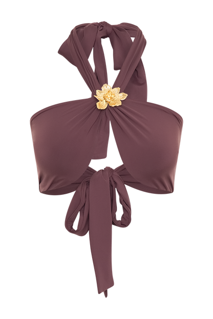 ROF Carissa Floral Donanımlı Boyundan Bağlamalı Bikini Üstü - Çikolata