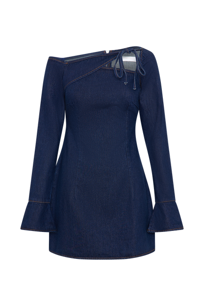 ROF Cece Bağcıklı Denim Mini Elbise - İndigo Mavi