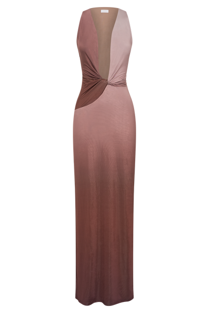 ROF Stella Drapeli Dar Maxi Elbise - Mocha Ombre