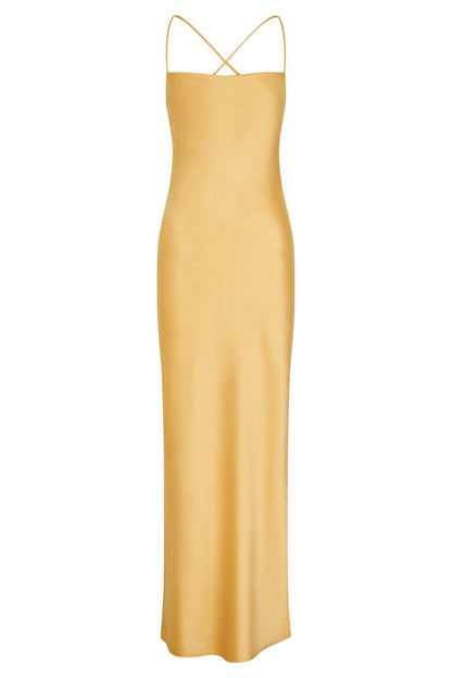 ROF Sydney Düz Yaka Slip Maxi Elbise - Sarı