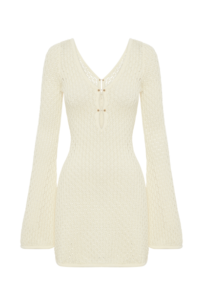 ROF Kayleigh Tığ Örgü Mini Elbise - Beyaz