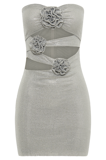 ROF Korinna Straplez Rose Diamante Mini Elbise - Gümüş