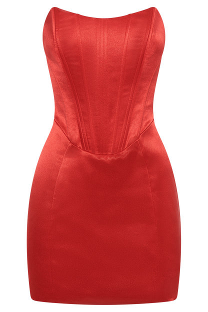 ROF Sariah Saten Korse Mini Elbise - Kırmızı