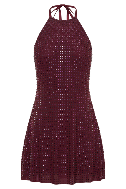 ROF Dorothy Kare Diamante Boyundan Bağlamalı Mini Elbise - Bordo