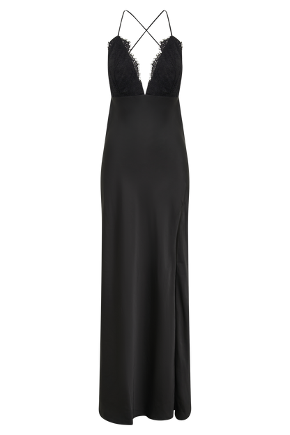 ROF Gina Saten Slip Uzun Elbise - Siyah