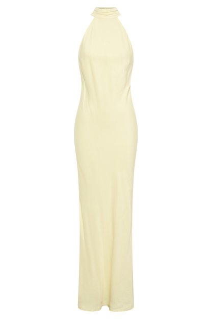 ROF Claire Mat Saten Drape Sırtlı Uzun Elbise - Açık Sarı