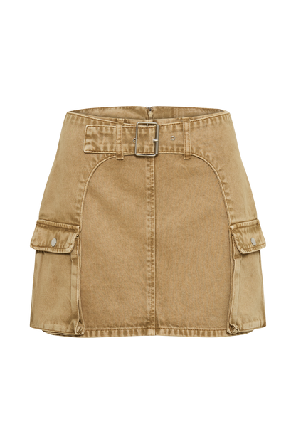 ROF Rowena Denim Tokalı Mini Etek - Taba Asit Yıkama