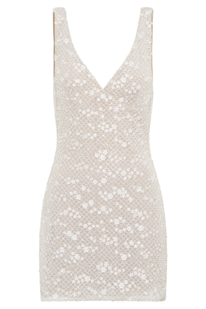ROF Louanne Daisy Boncuklu Mini Elbise - Beyaz