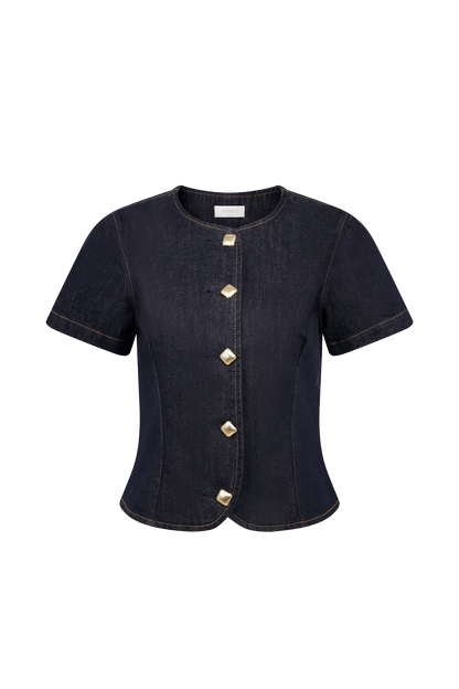 ROF Bethany Kısa Kollu Düğmeli Denim Üst - Yıkanmış İndigo Mavi