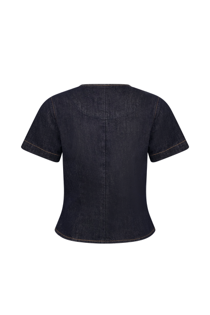 ROF Bethany Kısa Kollu Düğmeli Denim Üst - Yıkanmış İndigo Mavi