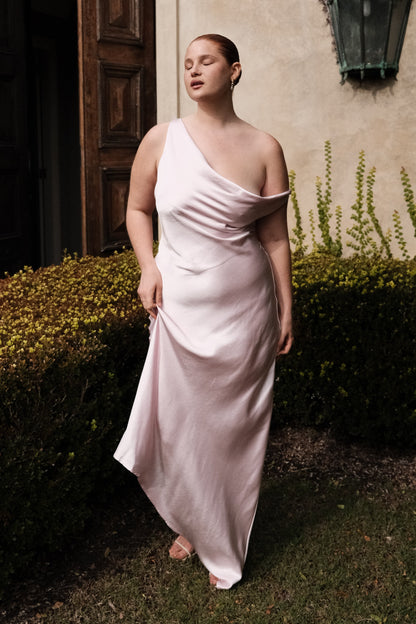 ROF Asimetrik Kenarlı Yvette Slip Maxi Elbise - Soluk Pembe