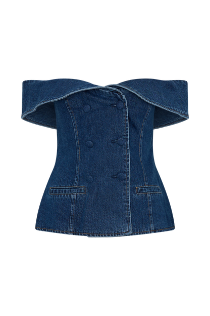 ROF Krista Denim Düşük Omuz Üst - Koyu Mavi
