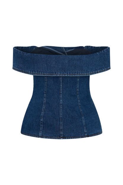 ROF Krista Denim Düşük Omuz Üst - Koyu Mavi