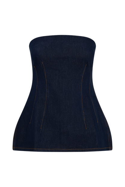 ROF Madelyn Straplez Longline Denim Üst - İndigo Mavi