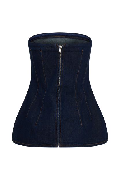 ROF Madelyn Straplez Longline Denim Üst - İndigo Mavi