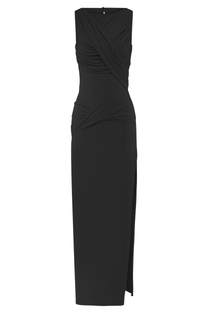ROF Henley Slinky Drape Maxi Elbise - Siyah