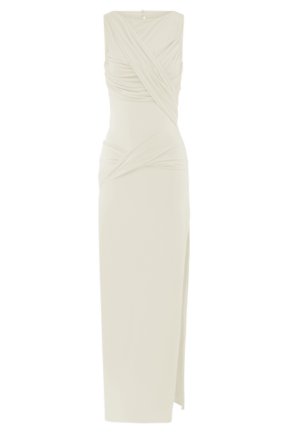 ROF Henley Slinky Drape Maxi Elbise - Fildişi