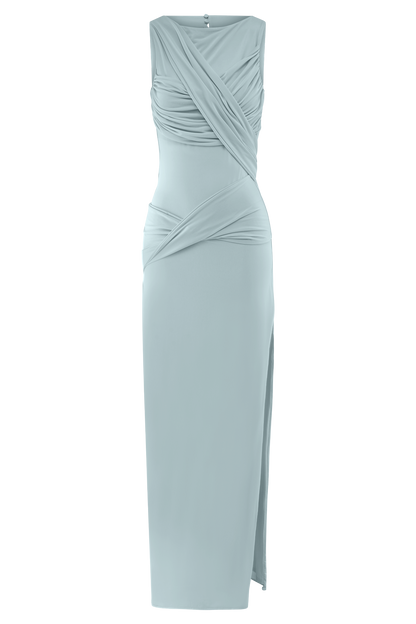 ROF Henley Slinky Drape Maxi Elbise - Soluk Mavi