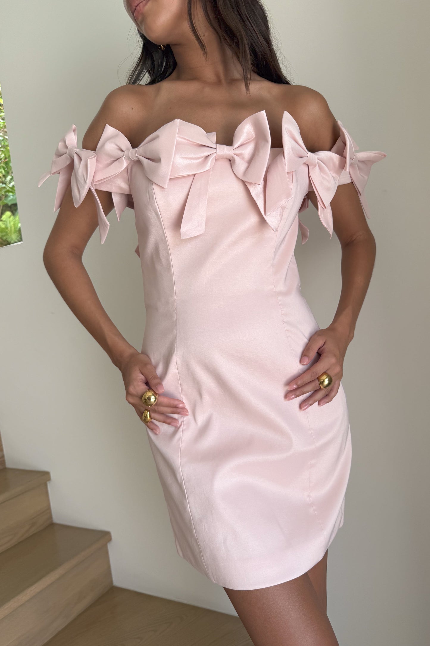 ROF Rose Straplez Fiyonklu Mini Elbise - Pudra