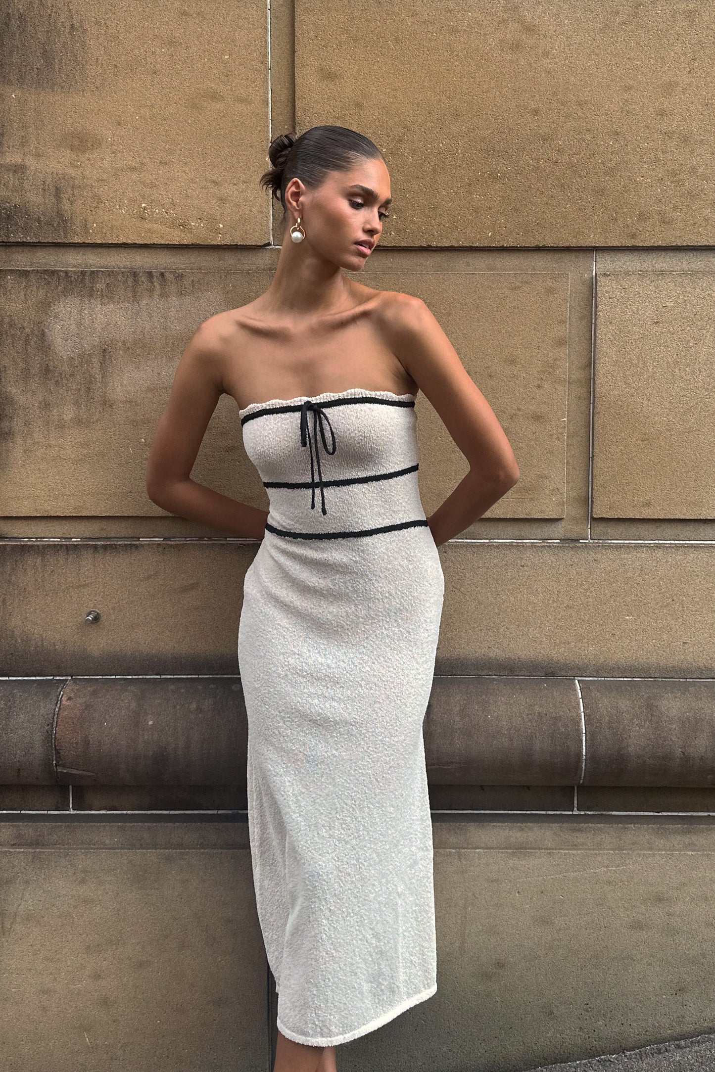 ROF Dawn Straplez Triko Midi Elbise - Krem