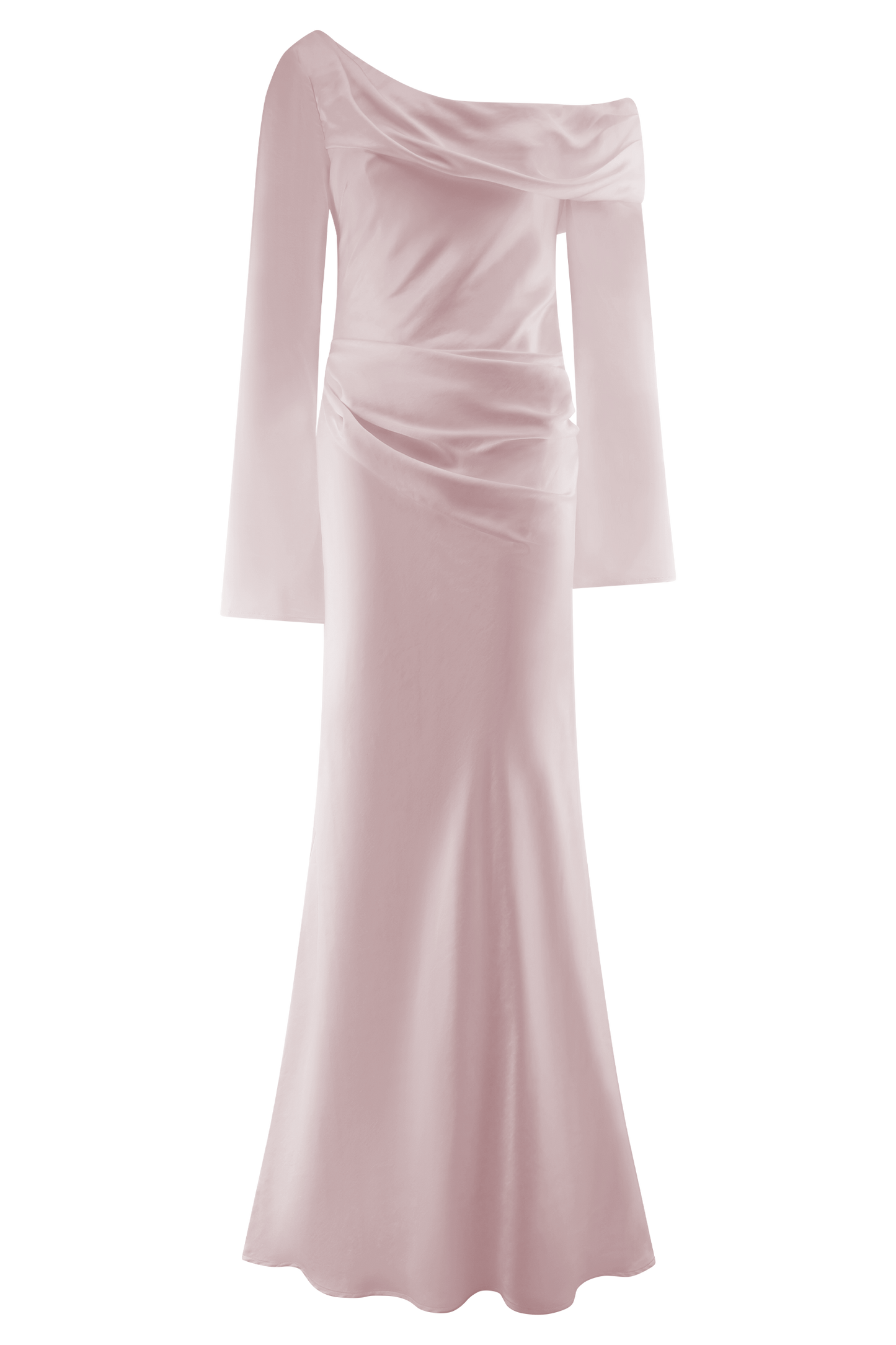 ROF Iris Uzun Kol Saten Maxi Elbise - Soft Pembe