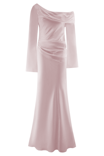 ROF Iris Uzun Kol Saten Maxi Elbise - Soft Pembe