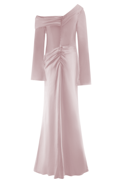 ROF Iris Uzun Kol Saten Maxi Elbise - Soft Pembe