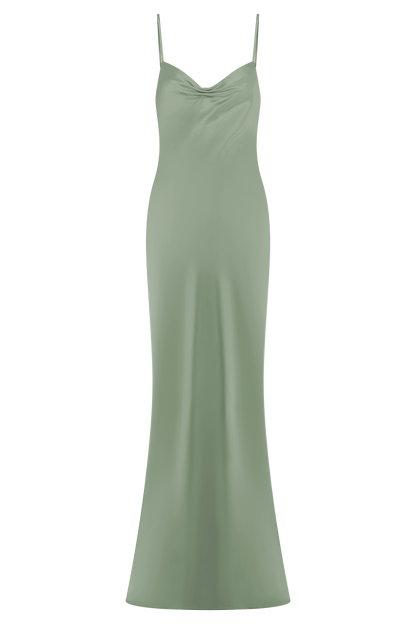 ROF Lilly Sweetheart Saten Maxi Elbise - Adaçayı