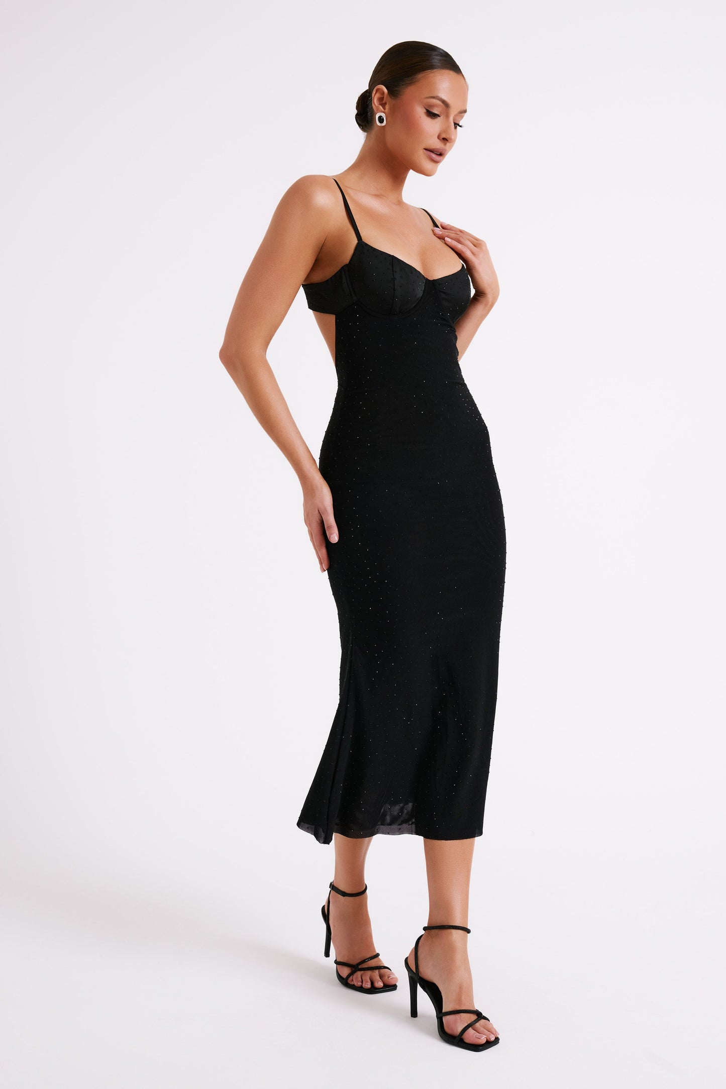 ROF Novah Hot Fix File Midi Elbise - Siyah